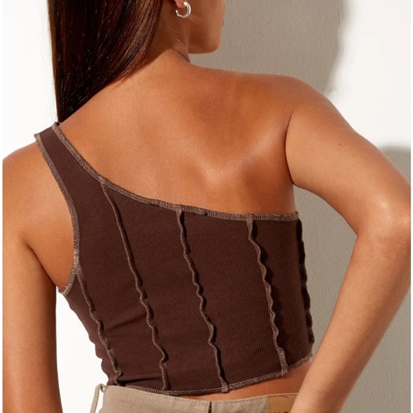 Motel Rocks Rara Crop Top In Rib Deep Mahogany With Brown Stitching - Picture 5 of 9